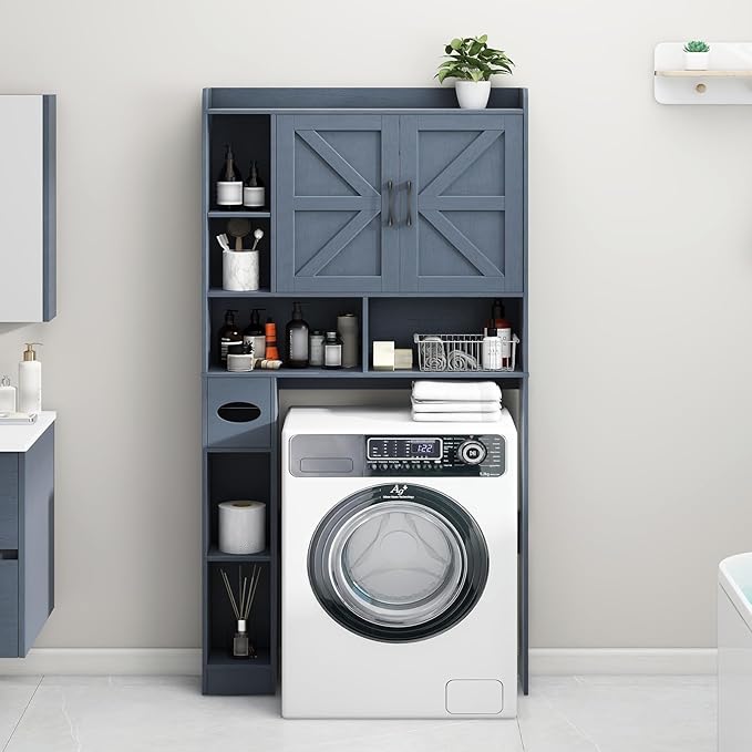 Vabches Over The Toilet Storage Cabinet, Farmhouse Storage Cabinet Over Toilet with 2 Barn Door & Toilet Paper Holder Stand,Home Space-Saving Toilet Rack, for Bathroom, Restroom, Laundry,Blue