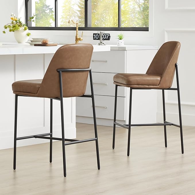 CHITA Counter Height Bar Stools Set of 2, FSC Certified Metal Barstools for Kitchen Island, 27" H Seat Height, Faux Leather, Saddle Brown