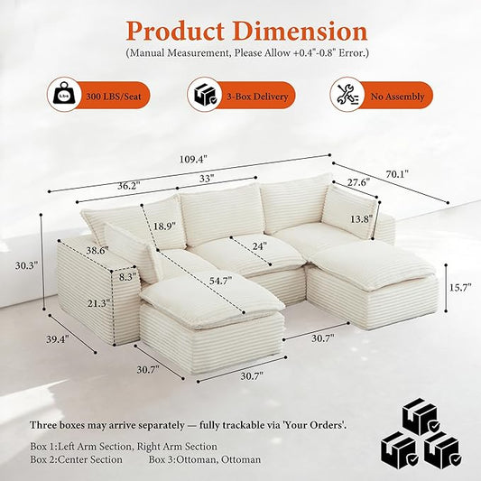 108" Sectional Couches for Living Room Boneless Couch Upholstered Cloud Couch Sectional Modular Sectional Sofa with L Shaped (Corduroy-White, 3 Seat+2 Ottoman)