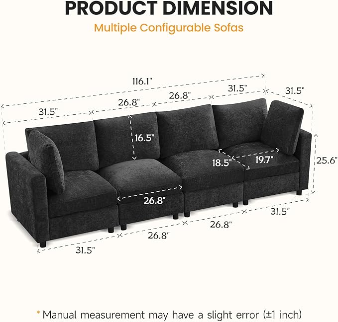 4-Seater Modular Sectional Cloud Sofa, Straight-Line Couches for Living Room, Modern Upholstered Deep Seat Sofa, Chenille Dark Grey