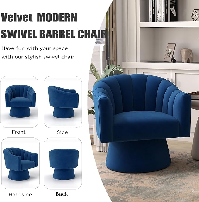 Swivel Accent Chair,Upholstered Velvet 360° Swivel Barrel Chair for Living Room Overstuffed Bouncle Reading Chair Round Armchair for Bedroom,Vanity,Office(Navy)