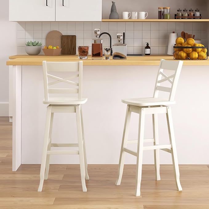 COSTWAY 30-Inch Bar Height Stool Set of 4, Rubber Wood Swivel Bar Stool with Inclined Backrest, Curved Seat & Footrest, Bar Chair for Kitchen Island & Pub (4, Cream)