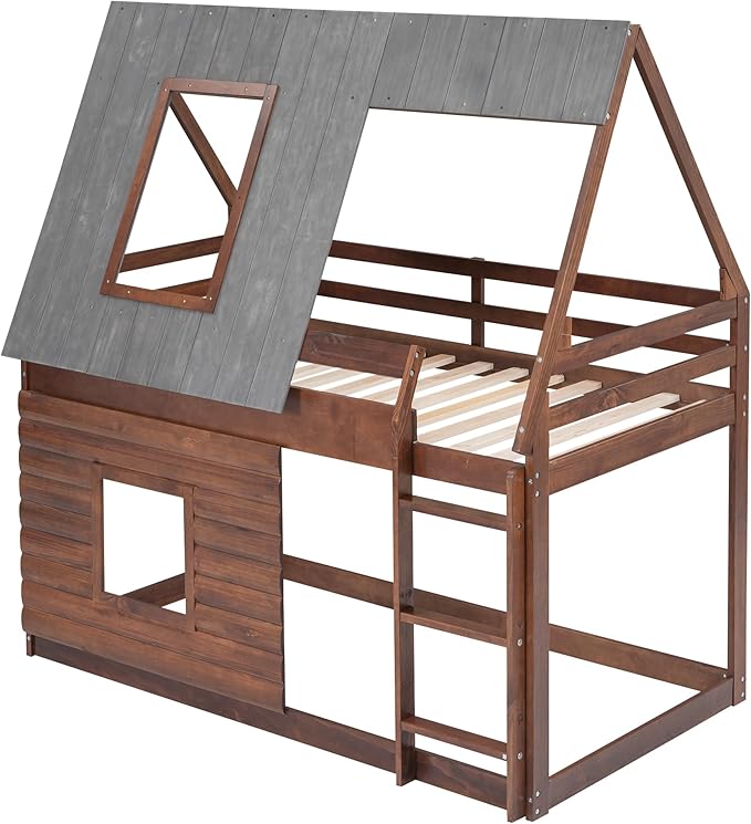 Wood Twin Size House Bunk Bed with Roof Ladder and 2 Windows,Floor Bedframe Low Bed Frame for Boys Girls Kids Teens Bedroom,Oak & Smoky Grey,Easy to Install,Brown