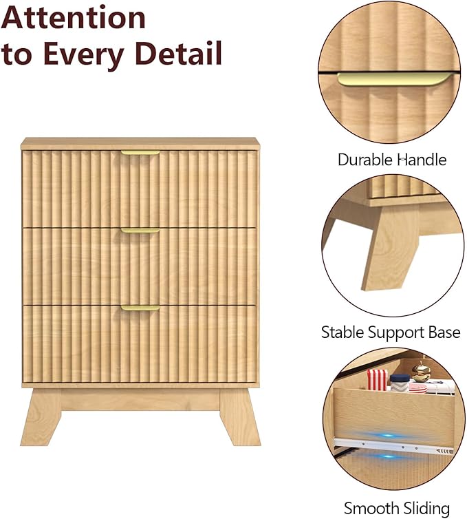 Fluted Dresser for Bedroom,3 Drawer Dresser for Closet,Storage Cabinet and Chest of Drawers with Gold Handle,TV Stand,Storage Organizer for Living Room,Hallway,Entryway,Nature Oak