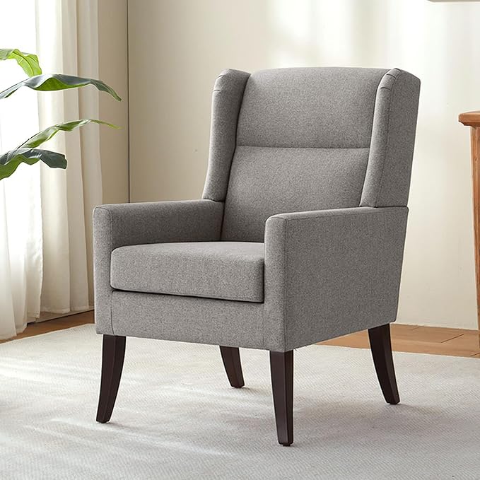 High Back Living Room Chairs, Fabric Accent Chair, Comfy Upholstered Armchair with Wooden Legs for Living Room, Bedroom, Apartment (1, Grey)