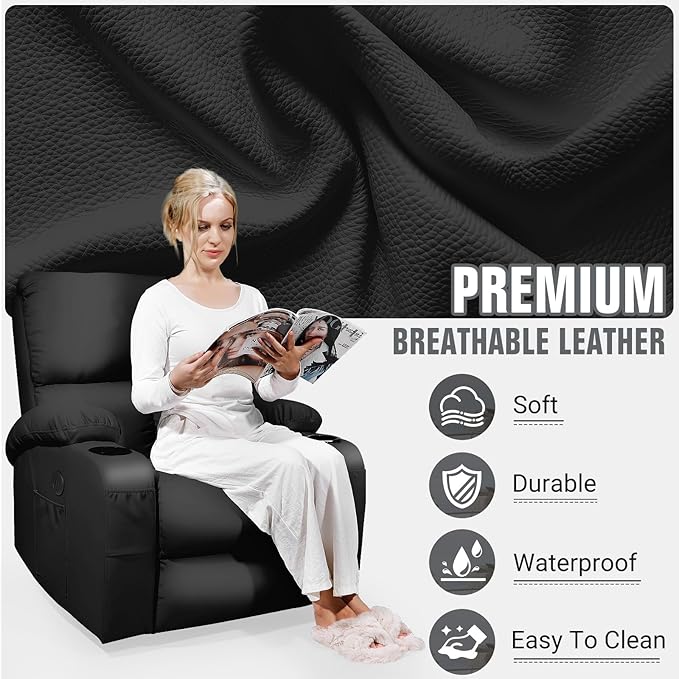 Rocking Recliner Chair, Massage Rocker Recliner Chair with Vibration Massage and Heat, USB and Type-C Ports,360° Swivel Faux Leather Chairs, Living Room, Bedroom, Nursery, RV, Black