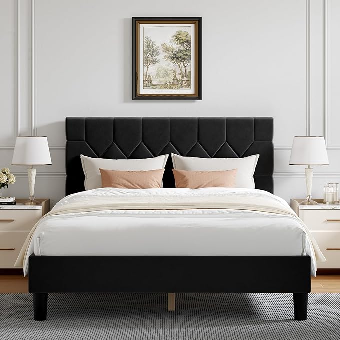 Novilla Queen Bed Frame with Headboard, Bed Frame Queen Size with Wood Slats Support, Velvet Upholstered Pull-Point Headboard, No Box Spring Needed, Heavy Duty Feet, Easy Assembly, Black Velvet