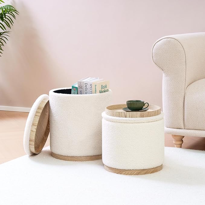 PINPLUS Round Ottoman with Storage Set of 2, Vanity Stool with Tray Storage for Bedroom, Small Teddy Velvet Foot Rest Stool Ottoman for Living Room, Dorm (White)