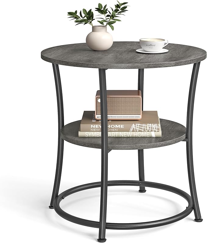 VASAGLE Side Table, 2-Tier Round End Table, Nightstand with Steel Frame for Small Spaces, Living Room, Bedroom, Misty Gray and Ink Black