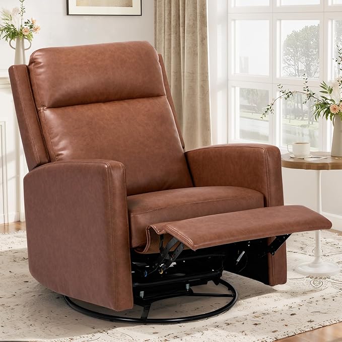 Swivel Rocking Recliner,Wide PU Leather Glider Sofa Chair with Ergonomic High Backrest for Living Room, Bedroom, Office(Cocoa)