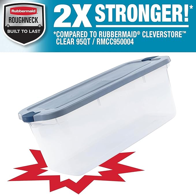 Rubbermaid Roughneck Clear 95 Qt/23.75 Gal Storage Containers, Pack of 4 with Latching Grey Lids, Visible Base, Sturdy and Stackable, Great for Storage and Organization