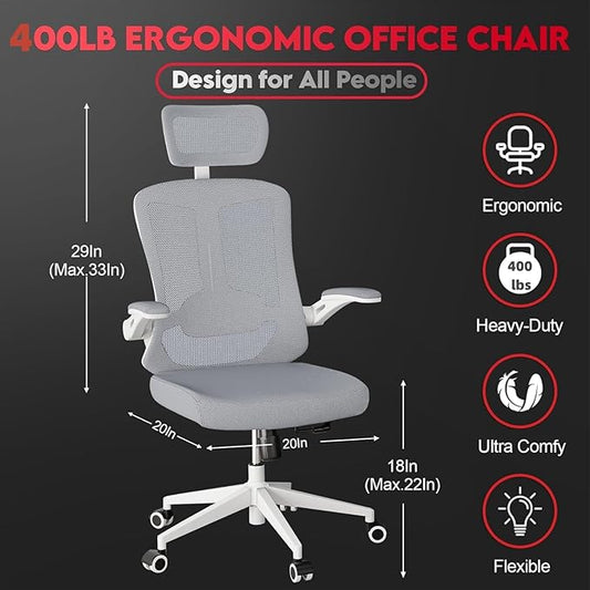 Ergonomic Office Chair - 400LB Comfy Desk Chairs with Adjustable Headrest and Lumbar Back Support, Mesh Computer Chairs with Wheels and Arms for Home Office, Study, Bedroom and Dorm (04grey)