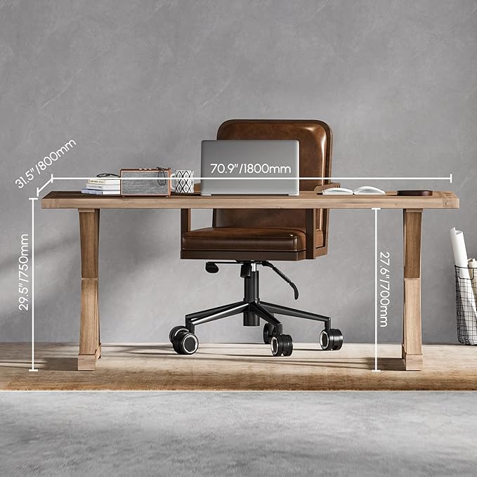 homary 70.9" Rustic Solid Wood Desk, Home Office Desk with Trestle Base, Executive Writing Table for Home Office, Study Room or Dining Space, Natural Finish