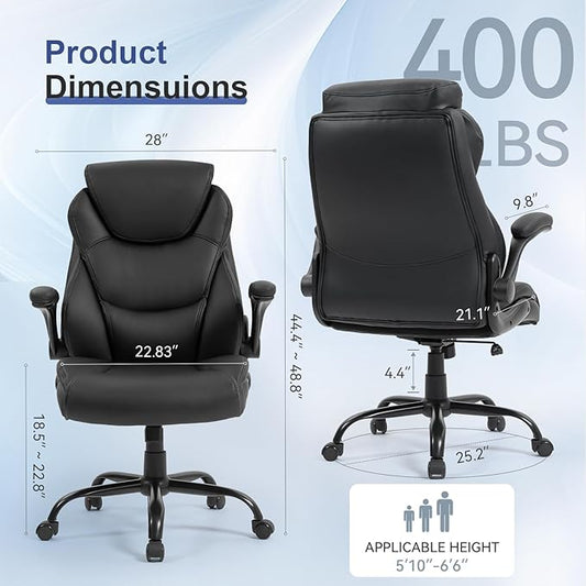 Brage Living 400LBS Big and Tall Office Chair, Leather Executive Desk Chair with Padded Flip-up Arms, Heavy Duty Swivel Rolling Computer Chair for Home Office, Black, Set of 2