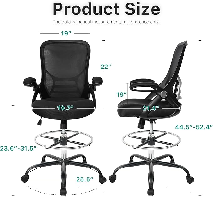 HYLONE Drafting Chair Tall Office Chair High-Back Mesh Standing Desk Stool with Adjustable Footrest Ring and Flip-Up Arms (Black)