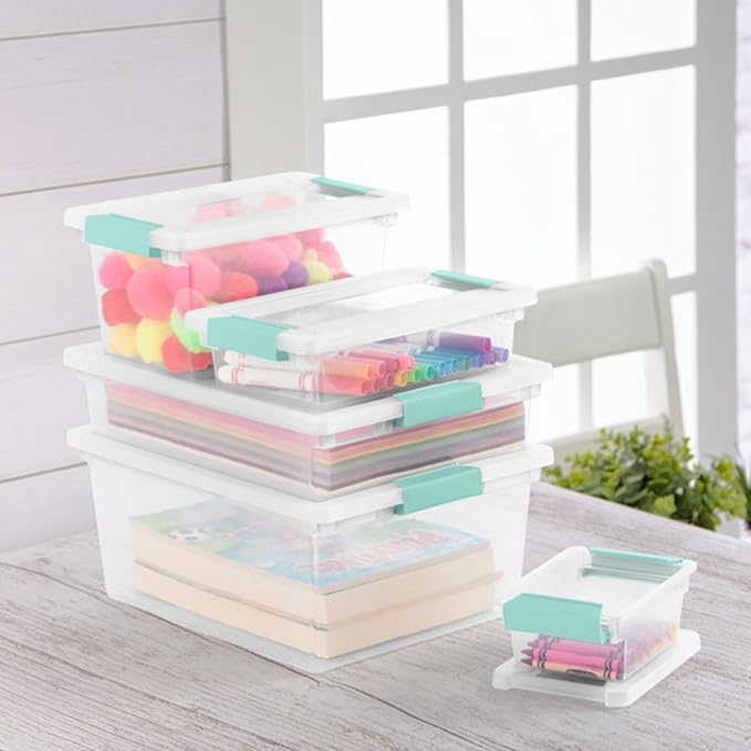 Sterilite 16-Pack Clip Box, Stackable Clear Plastic Bins with Latching Lids, Deep - Writing, Arts or Crafts Supplies Storage Containers for Home, Office, Classroom and Workshop Organization