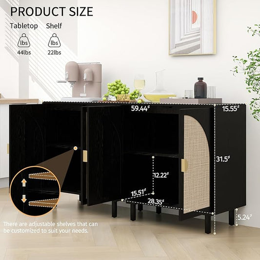Black Sideboard Cabinet with 2 Rattan Doors, Rattan Buffet Cabinet with Adjustable Shelves & Pine Legs, Boho Sideboard Buffet for Living Room, Kitchen, Entryway (Black,2 PCS)