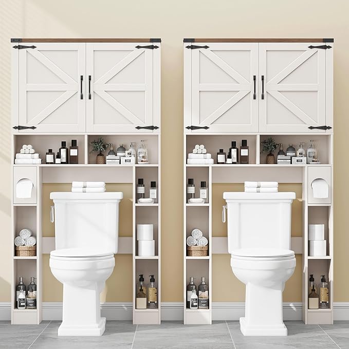 Over The Toilet Storage Cabinet, Farmhouse Storage Cabinet Over Toilet with 2 Barn Doors ,Toilet Paper Holder Stand,Home Space-Saving Toilet Rack, for Laundry, Restroom, Bathroom