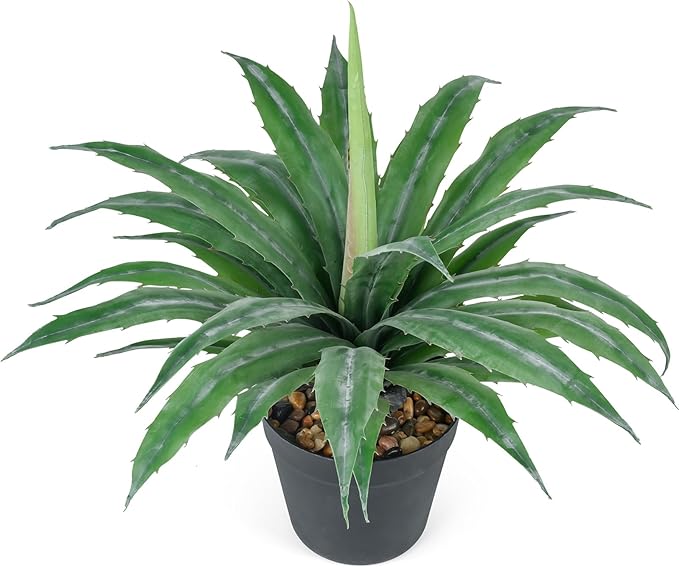 Velener Artificial Agave Plant in Black Pot with Real Stone Pebbles, Large Fake Agave Plants with Green Serrated Leaves, Faux Yucca for Indoor and Outdoor Decor-17 Inches Tall, 29 Leaves