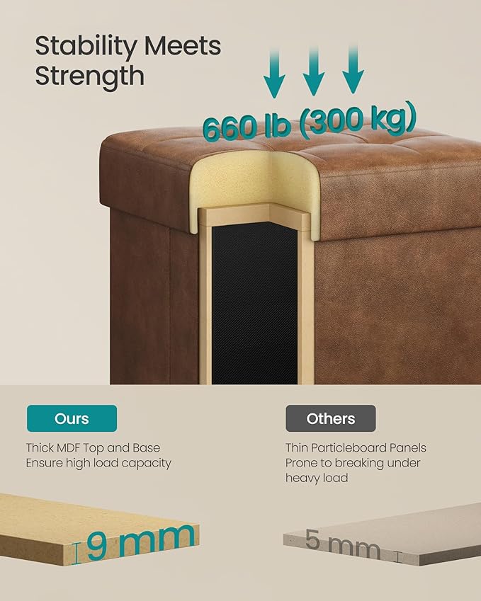 SONGMICS Storage Ottoman, Cube Ottoman with Legs, 15 x 15 x 15.7 Inches, Footstool, Footrest, 10 Gal. (37 L), Synthetic Leather, for Bedroom, Living Room, Dorm, Coffee Brown ULSF0512K03