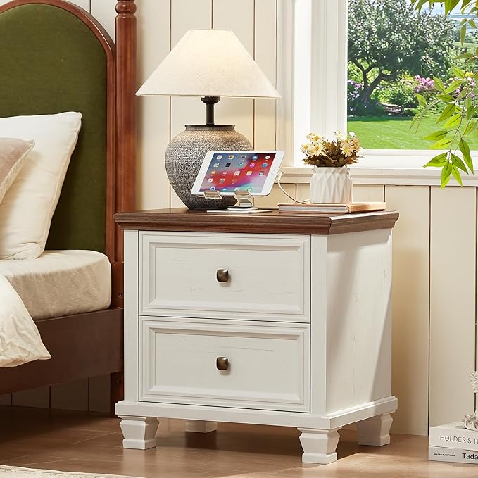 Farmhouse Nightstand Set of 2, Rustic Low Nightstands with 2 Drawers & Charging Station, Vintage Night Stands with 4 Square Solid Wood Legs, Small Dresser for Bedroom, Home, White