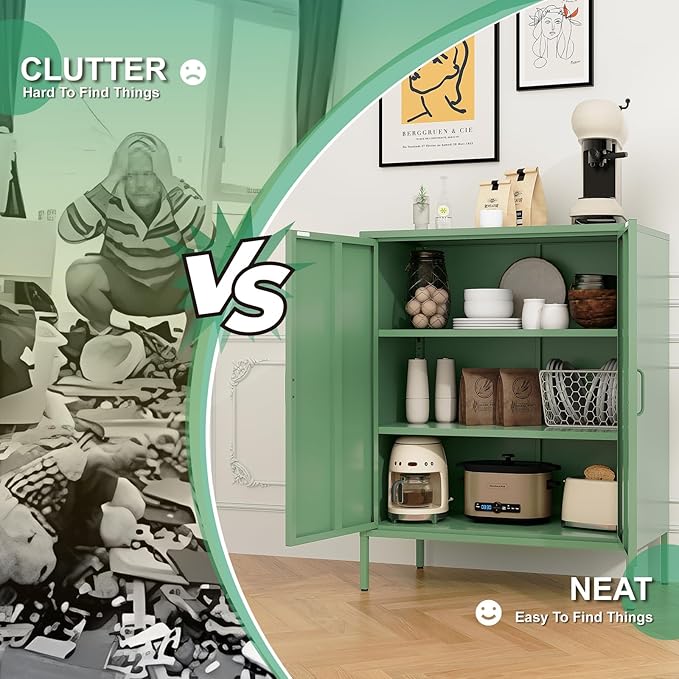 Green Metal Cabinet,Bathroom Floor Storage Cabinet,40"H Small Cabinets With Doors,2 Door Metal Towel Freestanding Cabinet For Small Spaces,Two Door Hallway Short Cupboard,Low Cabinet For Living Room