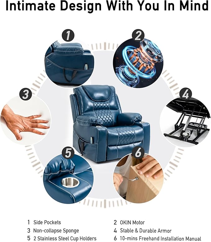 Large Power Lift Chairs Recliners for Elderly with Heated and Massage, Upgraded Dual Motor Lay Flat Recliners, 25in Extra Wide Seat, Cup Holder, Side Pocket
