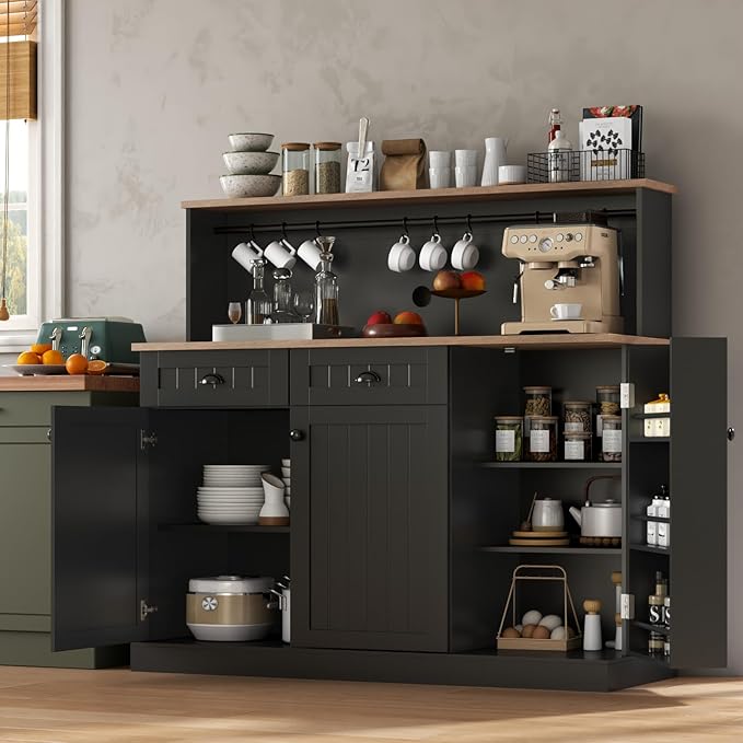 Sideboard Buffet Cabinet with 2 Drawers, Farmhouse Kitchen Pantry with Adjustable Shelves, Coffee Bar Cupboard Cabinet with 3 Doors for Kitchen, Dining Room (Black)