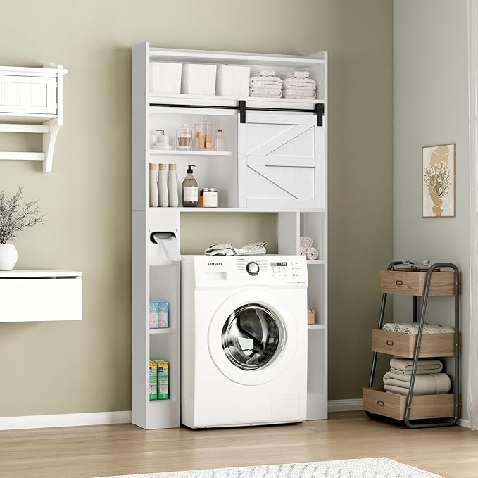 Over The Toilet Storage Cabinet, 32.5'' Wide Bathroom Storage Cabinet with Sliding Barn Door, Freestanding Over Toilet Storage Shelf, White