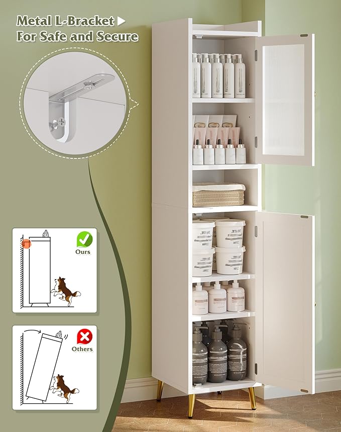 Bathroom Storage Cabinet, Bathroom Cabinet with 6 Shelves & 2 Doors, Tall Bathroom Storage Cabinet for Bathroom, Kitchen, Laundry Room, White