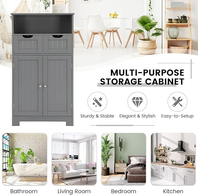 COSTWAY Bathroom Storage Cabinet, Freestanding Storage Organizer with 2 Drawers & Adjustable Shelf, Wooden Floor Cabinet for Living Room, Bedroom, Kitchen, Entryway (Gray)