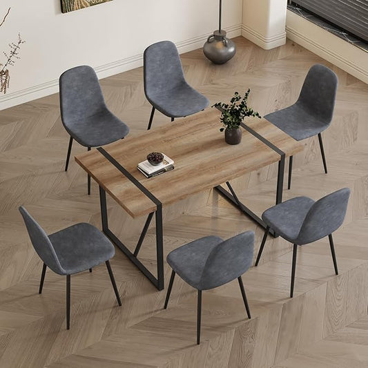 6 Chair Dining Table Set,Dinner Table Set for 6, 55'' Kitchen Table and Suede Nap Fabic Chairs Set of 6, 7 Piece Dining Table Set for Kitchen Dining Room