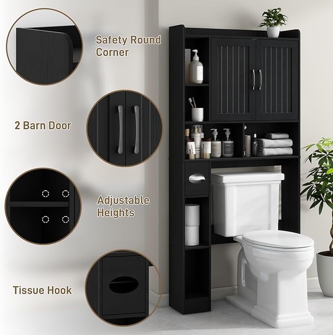 Vabches Over The Toilet Storage Cabinet, Farmhouse Storage Cabinet Over Toilet with Barn Door, Home Space-Saving Toilet Rack, for Bathroom, Restroom, Laundry(Black).