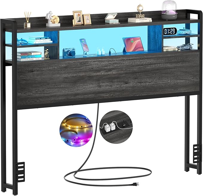 Aheaplus Headboard for Full Size Bed with Storage, Headboards with LED Light, Power Outlets, USB Ports Full Size Head Board, Wood headboard Only Sturdy and Stable Headboards, Modern, Black Oak