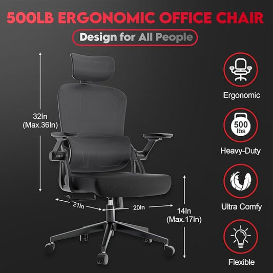 Ergonomic Office Chair - 400LB Comfy Desk Chairs with Adjustable Headrest and Lumbar Back Support, Mesh Computer Chairs with Wheels and Arms for Home Office, Study, Bedroom and Dorm (01black)