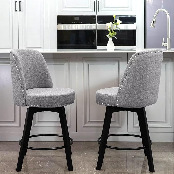 MINCETA Bar Stools Set of 2, 26 Inch Upholstered Barstools with High Back and Footrest, Swivel Counter Height Barstools for Kitchen Island Home Bar Gray