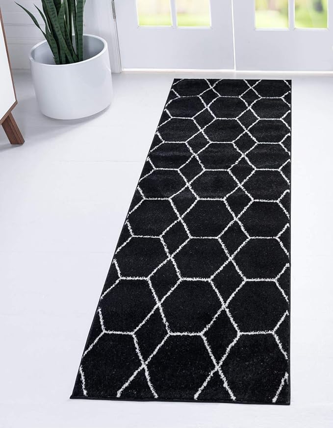 Unique Loom Trellis Frieze Collection Area Rug - Geometric (2' x 8' 8" Runner, Black/ Ivory)