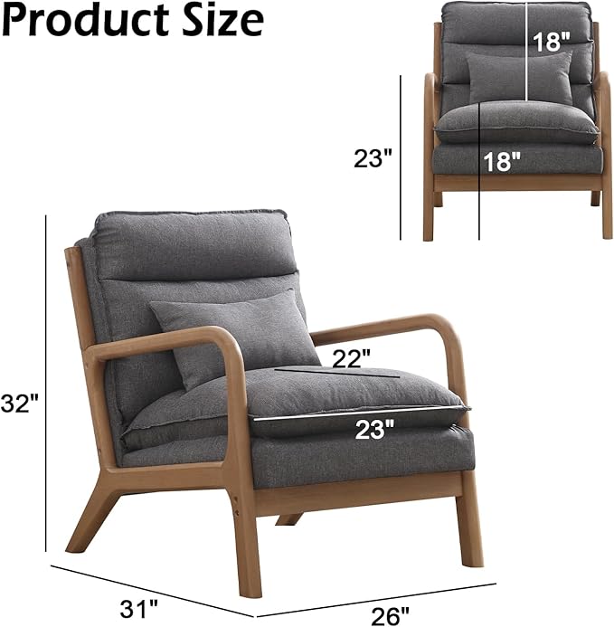 INZOY Mid Century Modern Accent Chair with Wood Frame, Upholstered Reading Armchair with Waist Cushion, Double Padded Accent Chair, Side Chair for Living Room Bedroom Office, Easy Assembly, Grey