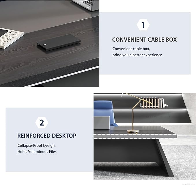 L-Shaped Black Executive Desk with Drawers, Large Modern Executive Office Desk with Storage Cabinets, Cable Box, Wide Desktop โ Home Office Desk (Left, 79" L * 63" W * 30" H)