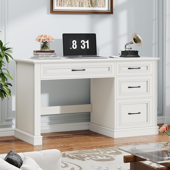 Farmhouse 47" Executive Desk, Computer Desk with Drawers and File Drawer, Workstation Computer Desk with Charging Station for Home Office,Study,(Cream White)