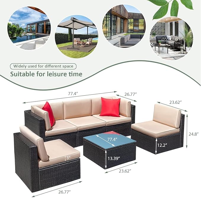 Devoko Patio Furniture Sets 6 Pieces Outdoor Sectional Rattan Sofa Manual Weaving Wicker Patio Conversation Set with Glass Table and Cushion (Beige)