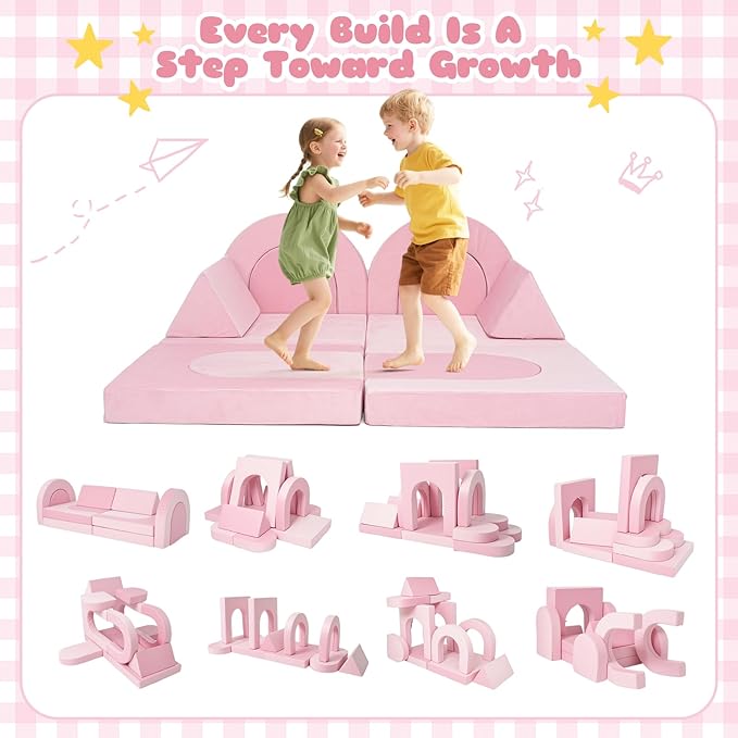 12 Pcs Modular Kids Play Couch, Toddler Couches That Fold Out, Plush Foam Chair for Children’s Playroom, Velvet Fabric Convertible Foam and Floor Cushion for Boys and Girls (Pink,07)