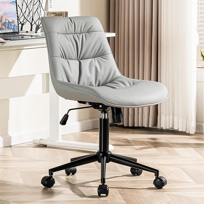 Kidol & Shellder Faux Leather Office Chair, Adjustable Swivel Height Task Chair, Rolling Wheels & Soft Backrest - Armless Ergonomic Desk Chair for Home, Office,Vanity,Gaming(Gray)