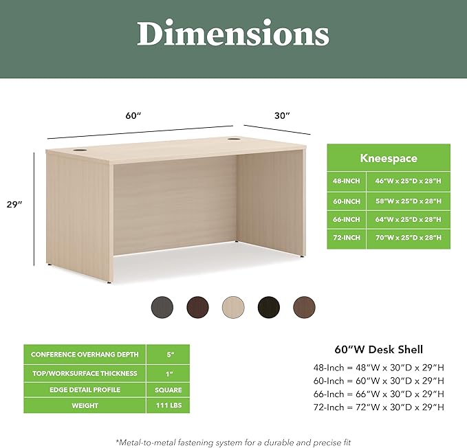 HON MOD Executive Desk 60-Inch Large Computer Desk Shell, Thick Wooden Laminate, Modern Table with Cord Management, 60" W x 30" D x 29" H, Desert Oak
