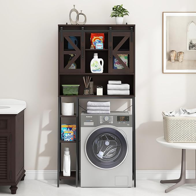 Over The Toilet Storage Cabinet, Farmhouse Storage Cabinet Over Toilet with Sliding Barn Door,Home Space-Saving Toilet Rack, for Bathroom, Restroom, Laundry(Espresso)