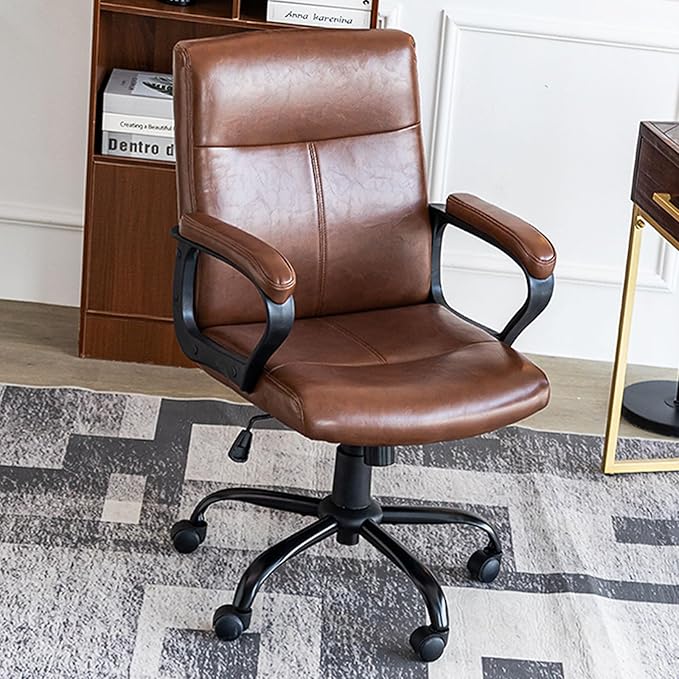DYHOME Leather Office Chair Brown Desk Chair with Armrest, Ergonomic Computer Chair Mid Back, Mid Century Modern Home Office Desk Chair with 30° Tilting Backrest, Capacity 400lbs