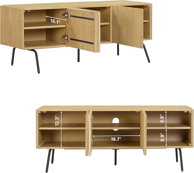 NTC Veil TV Stand with 3 Doors for TVs up to 60’’, Media Console with Vertical Groove Design and Metal Legs, Modern Entertainment Center for Living Room and Bedroom, Effortless Assembly, Sand