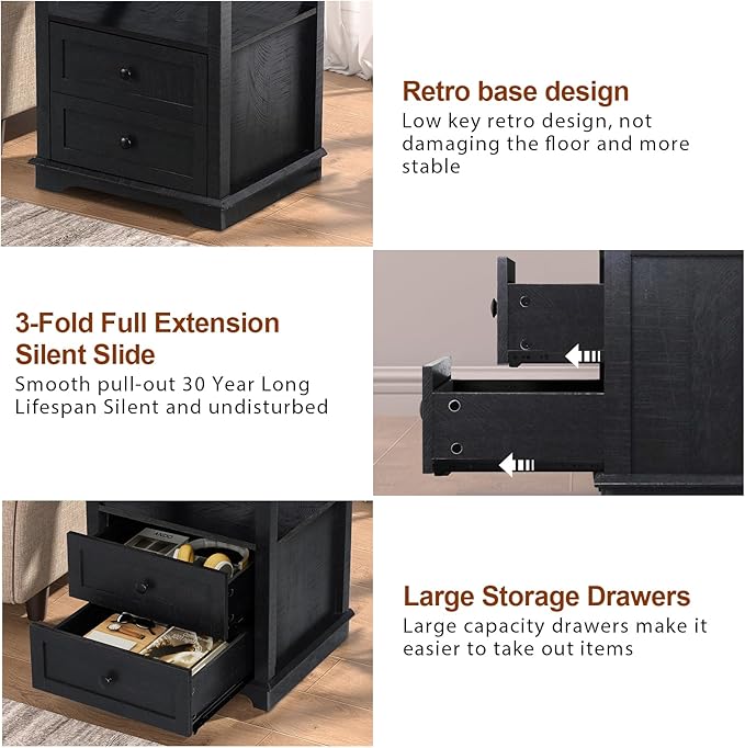 HIFYOBRO Large End Table Set of 2, 2 Drawers and Charging Station, Type-C & USB Port & Power outlets, Wooden End Table, Side Table with Storage for Living Room and Bedroom (Espresso)