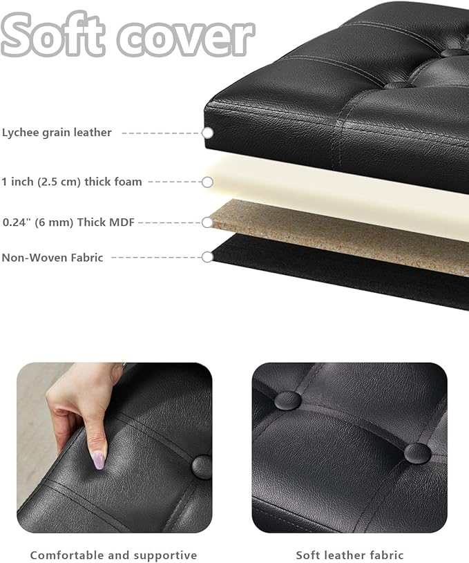 Storage Ottoman, Folding Foot Stool with Thicker Foam Padded Seat Small Leather Storage Ottoman Bench Foot Rest for Living Room Foldable Coffee Table 17x13x13in,Black
