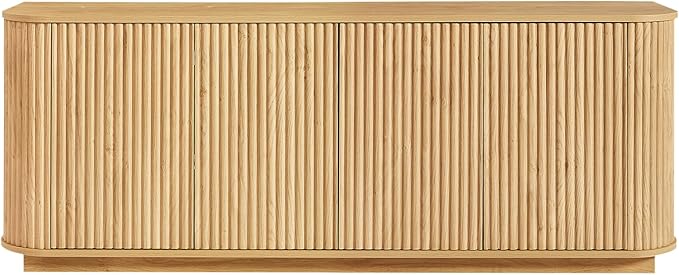 LKTART 64" Sideboard Buffet Cabinet with Storage, Wooden Fluted Storage Cabinet Sideboard Credenza with Adjustable Shelves Pressed Spring for Kitchen Living Room (Natural Oak)